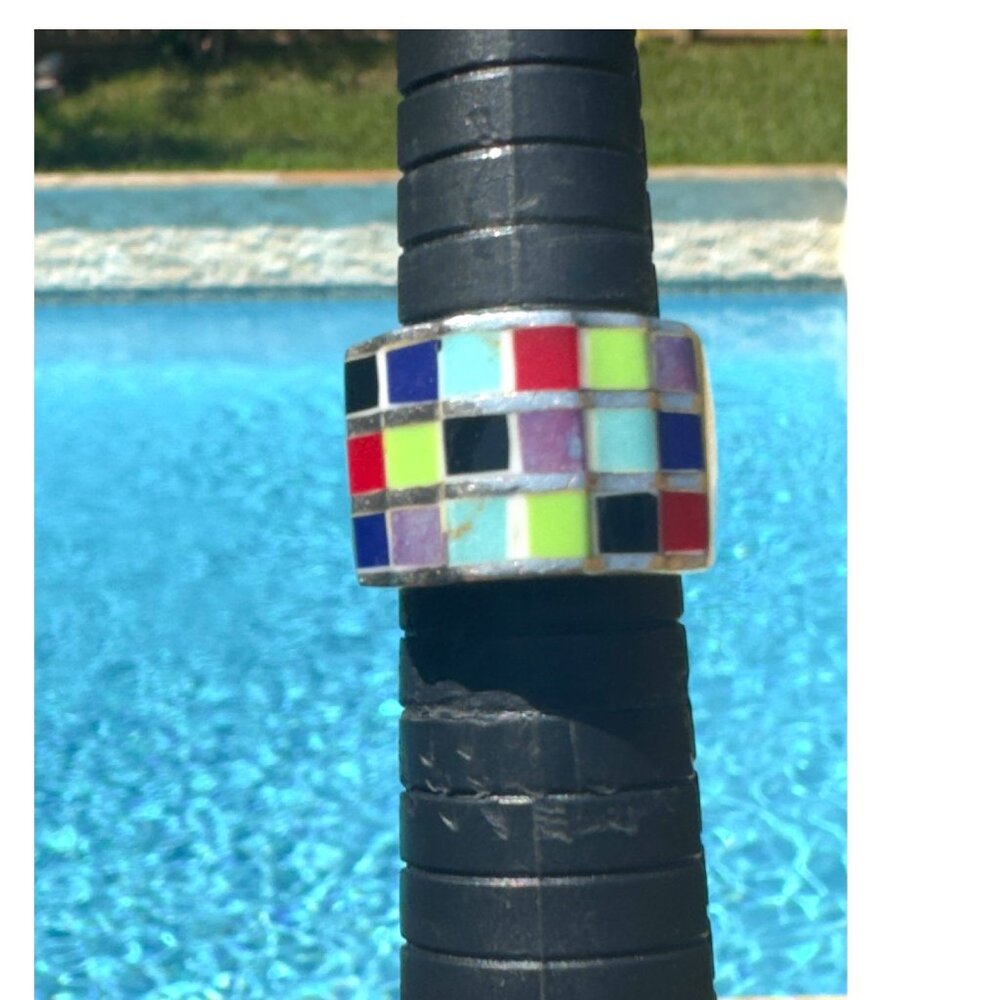 Vintage 70s 925 Silver Multicolor Multi Stones Mosaic Ring size 8 - Picture 6 of 10